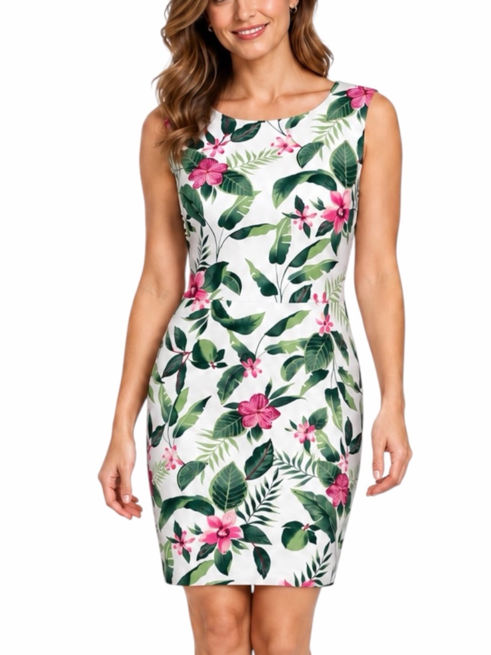 Old Navy Sheath Dress XL Tropical Floral Stretch Cotton White Green Pink NWT